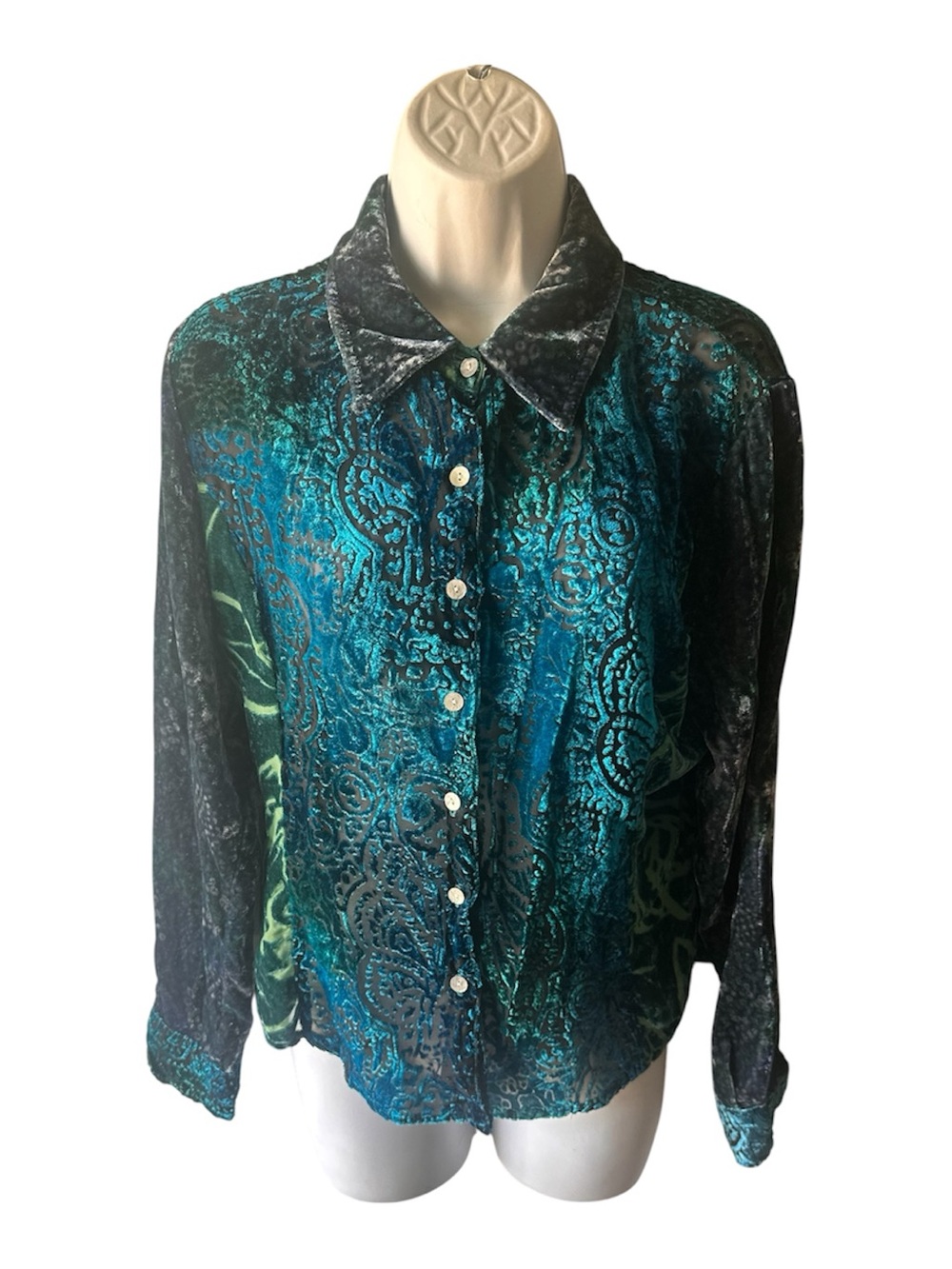 Coldwater Creek Teal Burnout Velvet Paisley Sheer Blouse Petite M Style